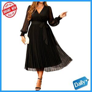 Elegant Pleated Midi Dress Long Sleeve Formal Wedding Guest Plus Size Chiffon